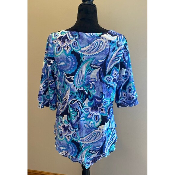 Soft Surroundings Blouse Sz ? Medium Top Blue Ruffled Edge Sleeve & V Hemline - Picture 5 of 11